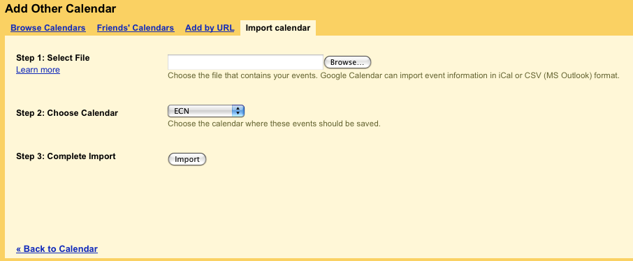 Select the exported iCal file to import into Google Calendar